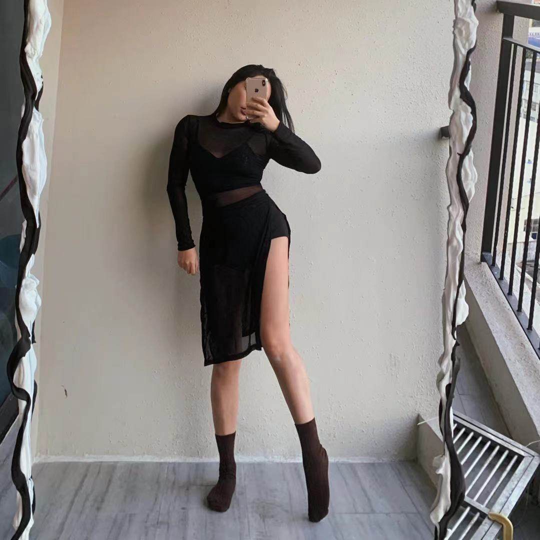 1996 欧美透视长袖裙子辣妹性感开衩弹力显瘦jazz连衣裙包臀旗袍
