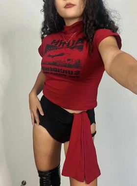 1996 爵士舞带袖套露脐套装上衣高领复古跳舞红色短袖辣妹T袖女