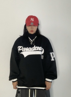 1996 美式街头ins潮小众黑色棒球服跳舞连帽复古hippop卫衣外套女