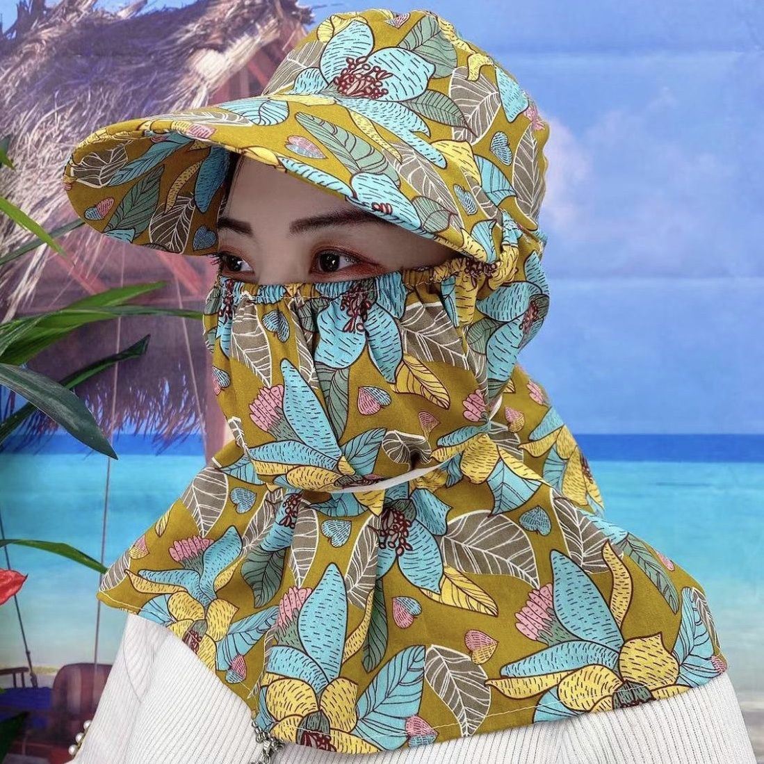 带口罩透气全包遮阳防晒帽子女夏季新款农村干活太阳帽护颈脸采茶