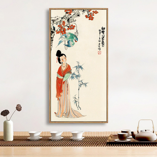 刘旦宅调鹦仕女图新中式花鸟画装饰画禅意客厅玄关竖版走廊挂画