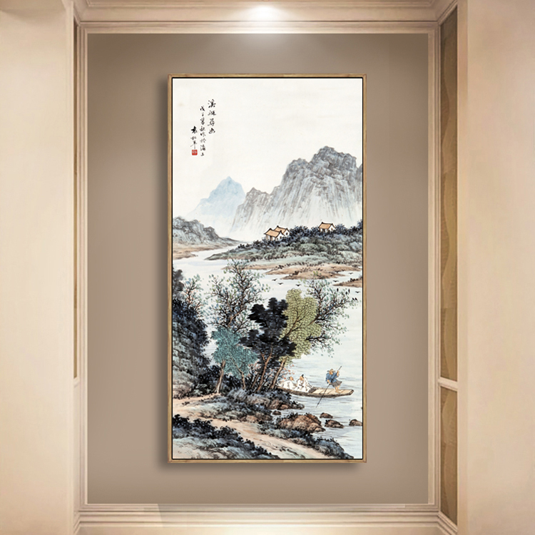 袁松年溪艇寻幽山水画新中式客厅装饰画卧室床头玄关壁画餐厅挂画图片