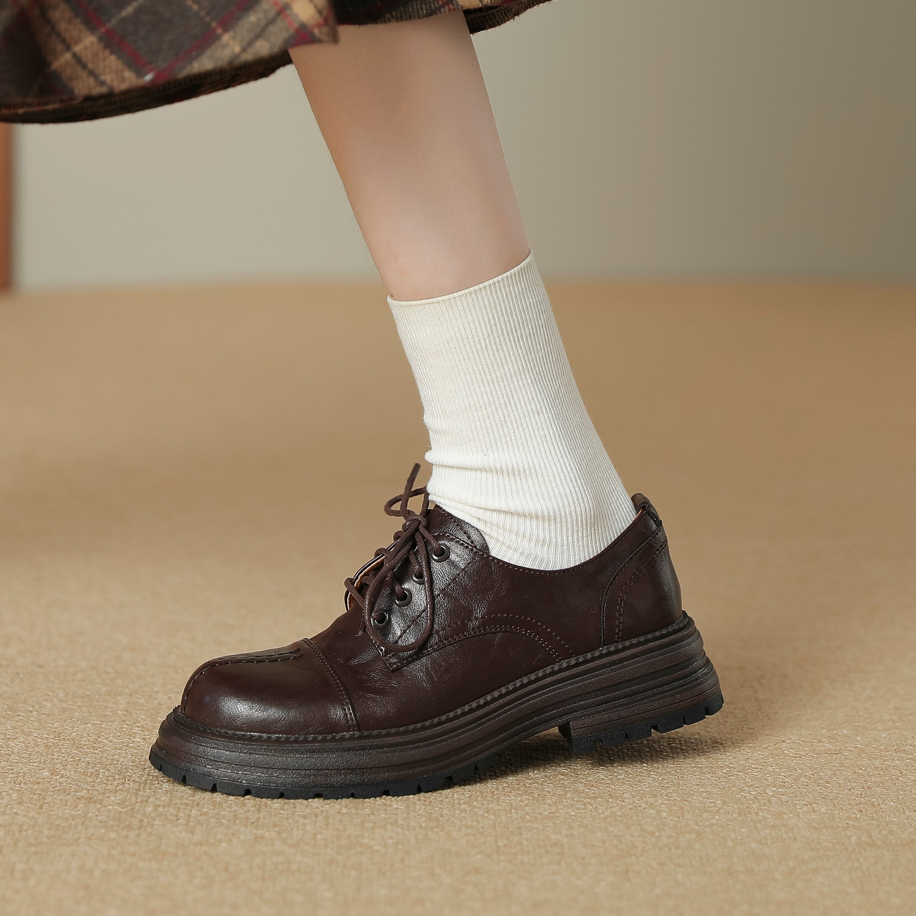 法式小皮鞋2026厚底系带春秋新款圆头乐福鞋时尚英伦粗跟豆豆单鞋,女鞋,乐福鞋（豆豆鞋）,淘宝优惠券,粉丝福利购,淘宝优惠卷