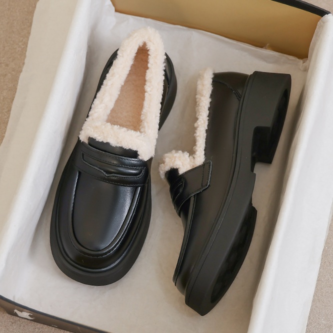 英伦毛毛鞋2025厚底圆头乐福鞋秋冬新款棉鞋加绒豆豆皮鞋保暖单鞋