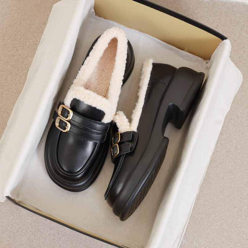 厚底乐福鞋2025秋冬新款松糕毛毛鞋豆豆新款加绒时尚棉鞋皮鞋单鞋