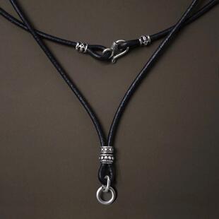 纯银牛皮绳狼牙项链绳子男高档个性黑色吊坠绳挂绳黄金翡翠玉坠绳