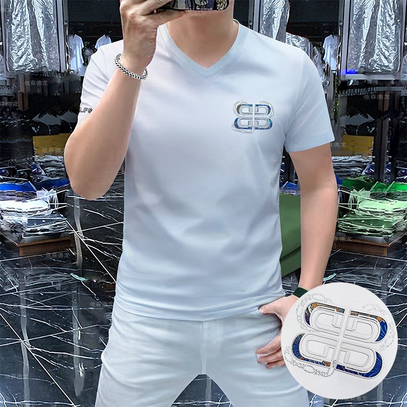 欧洲站男士短袖V领t恤衫丝光棉男装桃心领上衣立体滴胶工艺潮白色