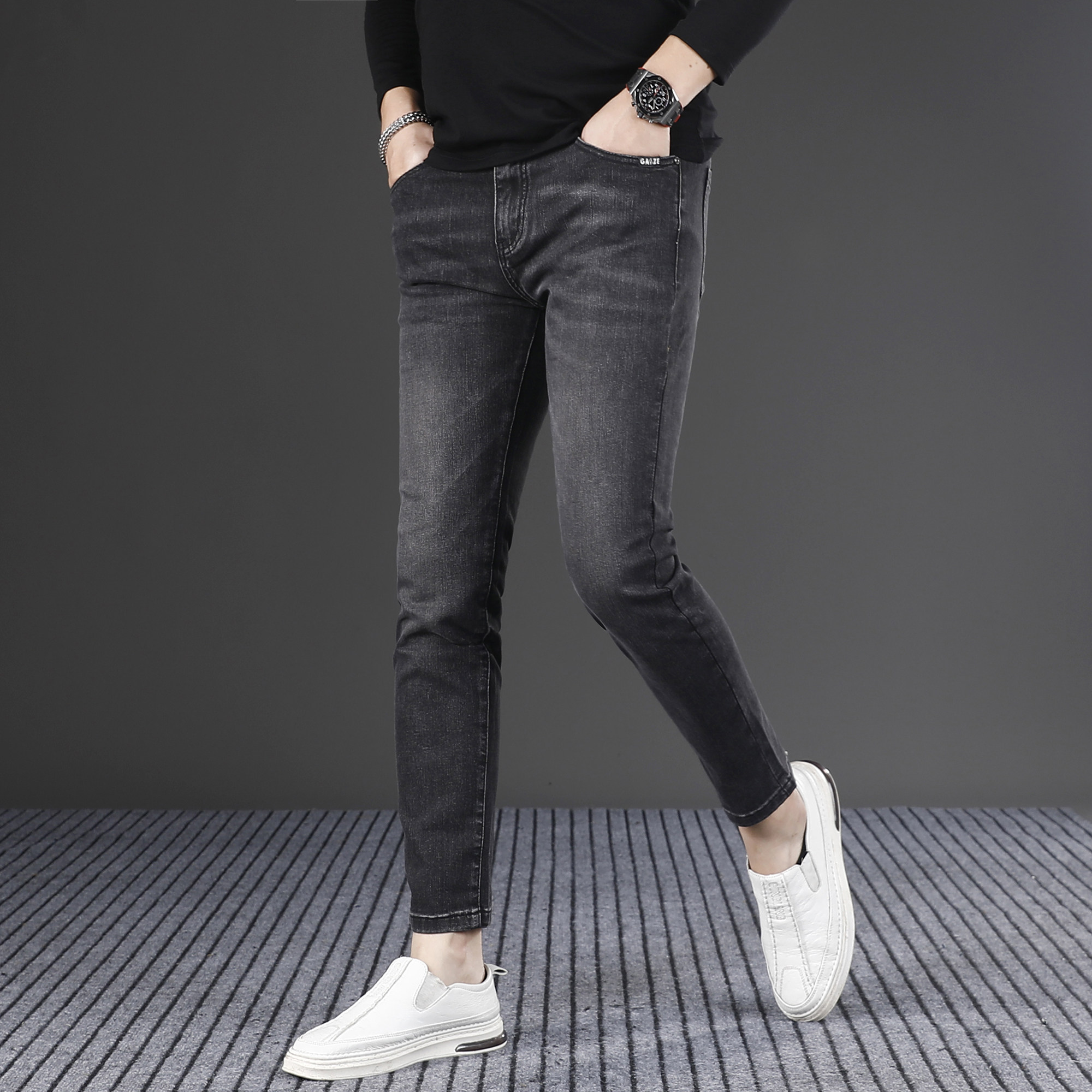 秋冬新款九分牛仔裤男款修身小脚弹力黑灰色潮流男装休闲男士裤子