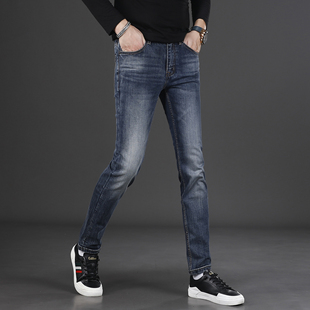 高端高级蓝色牛仔裤男款2025新款秋冬季修身小脚休闲弹力男士裤子