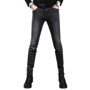 高端冬季加绒牛仔裤男款2025新款黑色修身小脚弹力男士裤子秋冬款