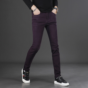 高端酒红色牛仔裤男款2025新款秋冬季修身小脚休闲弹力男士长裤子