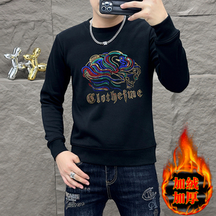 欧版潮流烫钻加绒卫衣男款2024冬季新款时尚长袖修身潮牌圆领上衣