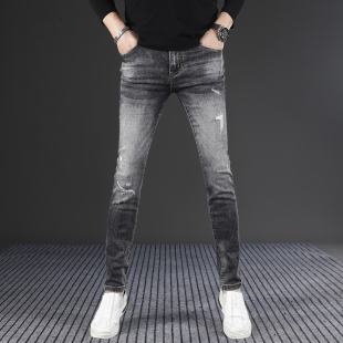 男2024新款 潮流裤 秋季 小脚男士 子 修身 香港高端黑灰色破洞牛仔裤
