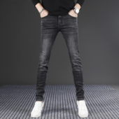 男2025新款 裤 秋冬季 小脚显瘦男士 子休闲百搭 修身 黑灰色弹力牛仔裤