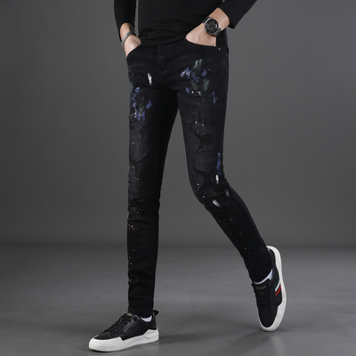 秋季黑色泼漆破洞牛仔裤男款修身小脚2025新款韩版显瘦男士裤子