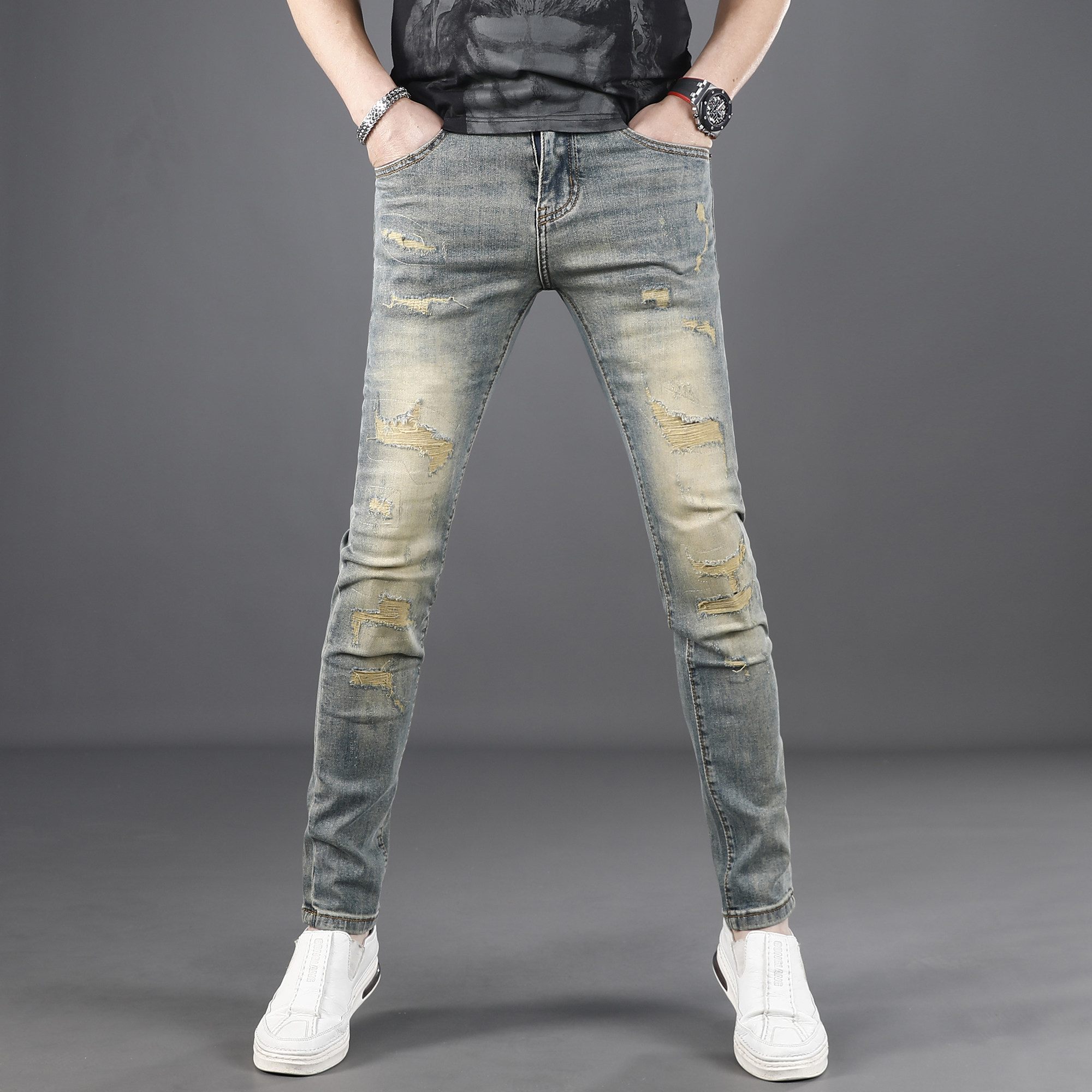高端黄泥色破洞牛仔裤男款修身小脚长裤2025新款夏季潮流男士裤子,男装,牛仔裤,淘宝优惠券,粉丝福利购,淘宝优惠卷