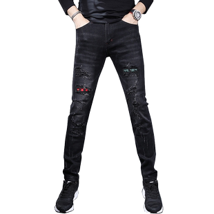 秋冬黑色破洞牛仔裤男修身小脚高端潮牌补丁潮流高街乞丐男士裤子