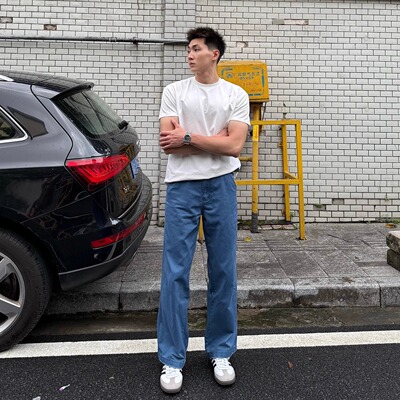 FOCABO美式做旧法工蓝工装裤