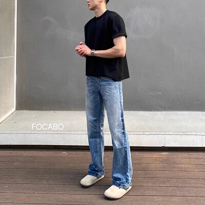 FOCABO裤脚水波纹深蓝牛仔裤