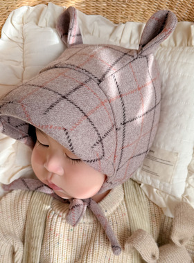 婴儿帽子可爱小熊羊毛格子护耳保暖大檐防晒男女宝宝遮阳帽秋冬季