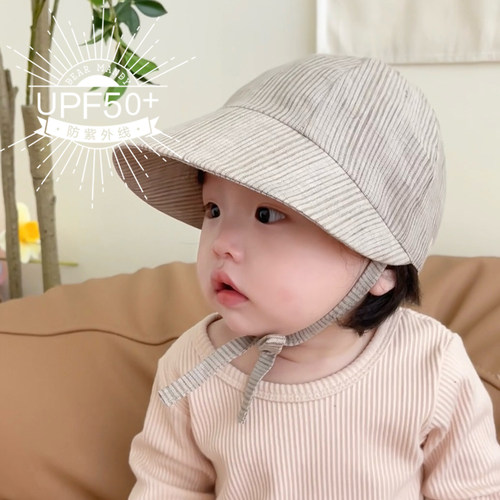 100%纯亚麻条纹大檐婴童棒球帽夏
