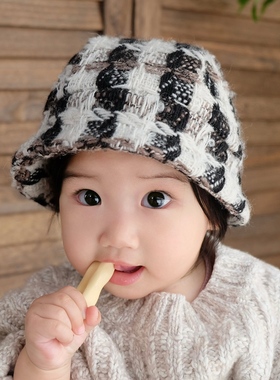 婴儿帽子小香风粗花呢保暖大帽檐遮阳儿童渔夫帽男女宝宝盆帽秋冬
