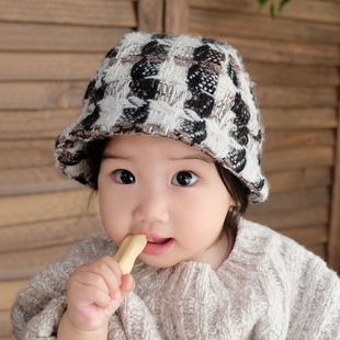 婴儿帽子小香风粗花呢保暖大帽檐遮阳儿童渔夫帽男女宝宝盆帽秋冬