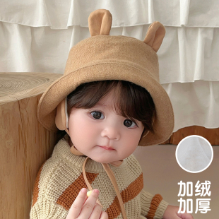 婴儿帽子可爱小熊加绒加厚护耳保暖大檐防晒儿童男女宝宝渔夫帽冬