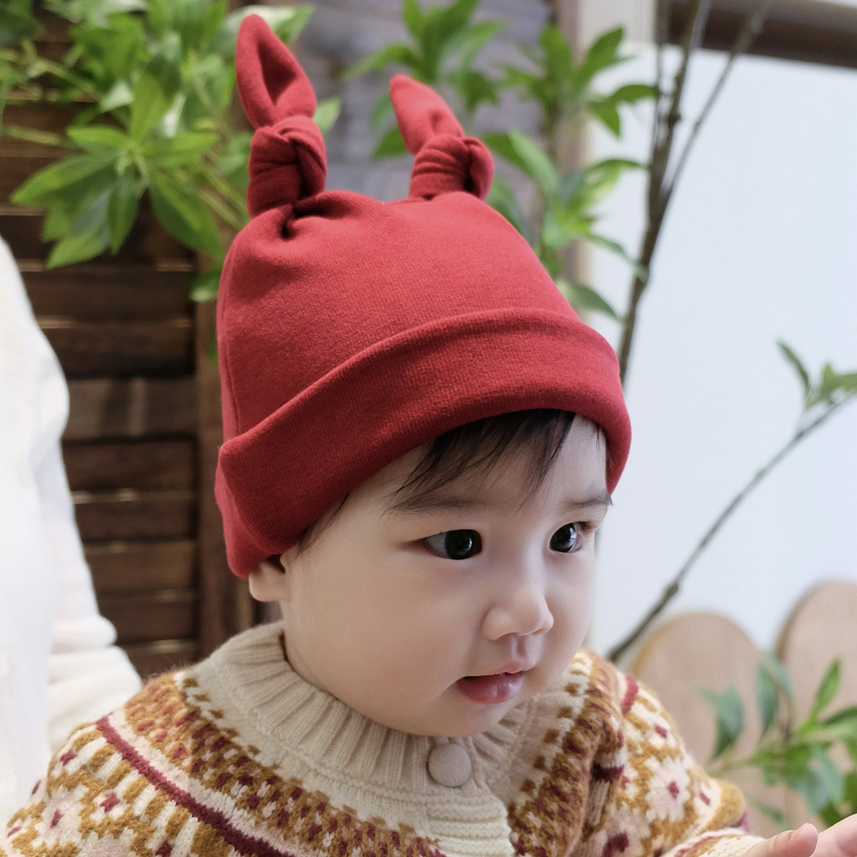 韩版翻边双貂针织加厚婴儿揪揪帽