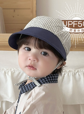 婴儿遮阳帽春夏纯棉薄款格子大帽檐防晒儿童小月龄男女宝宝棒球帽