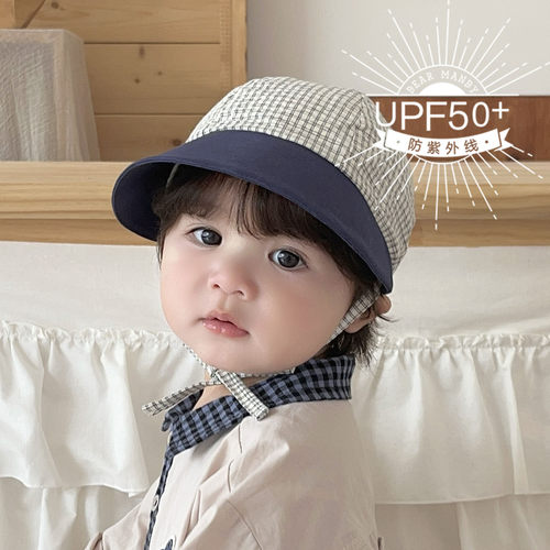 婴儿遮阳帽春夏纯棉薄款格子大帽檐防晒儿童小月龄男女宝宝棒球帽
