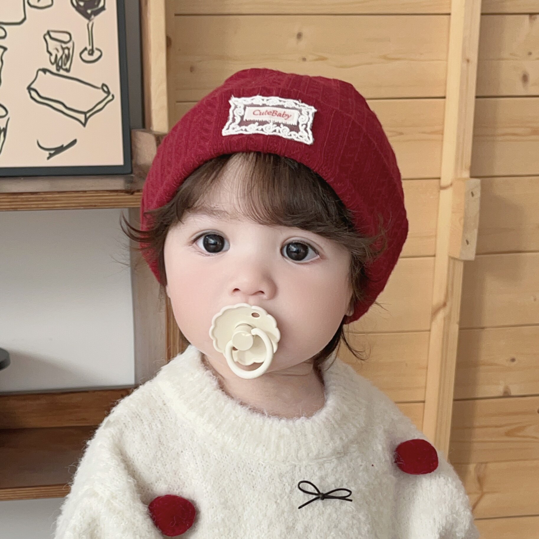 婴儿帽子秋冬红色新西兰羊绒提花针织保暖儿童男女宝宝胎帽套头帽