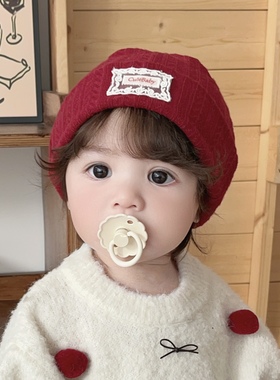 婴儿帽子秋冬红色新西兰羊绒提花针织保暖儿童男女宝宝胎帽套头帽