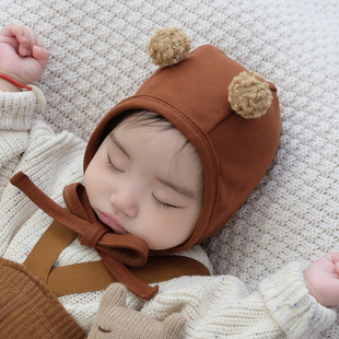 婴儿帽子春秋羊绒棉保暖可爱羊羔毛球新生儿男女宝宝护耳帽胎帽冬