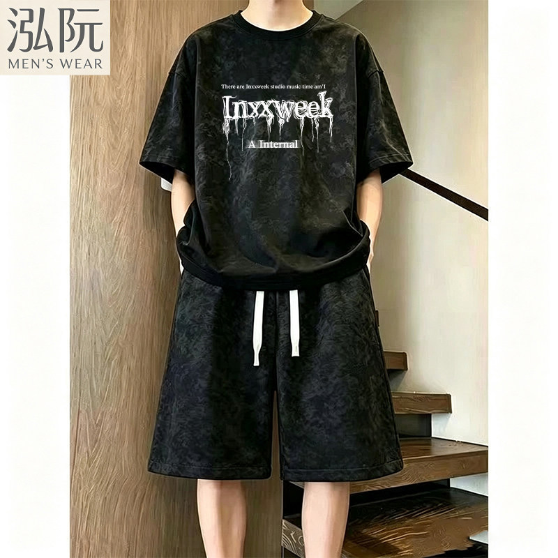 品牌优选男士夏季短袖t恤五分短裤扎染套装运动休闲百搭帅气套装