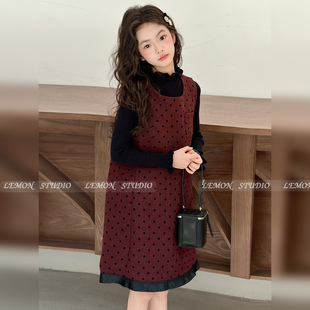 女童波点毛呢连衣裙2026冬新款 加厚背心裙 儿童富家千金感裙子冬季