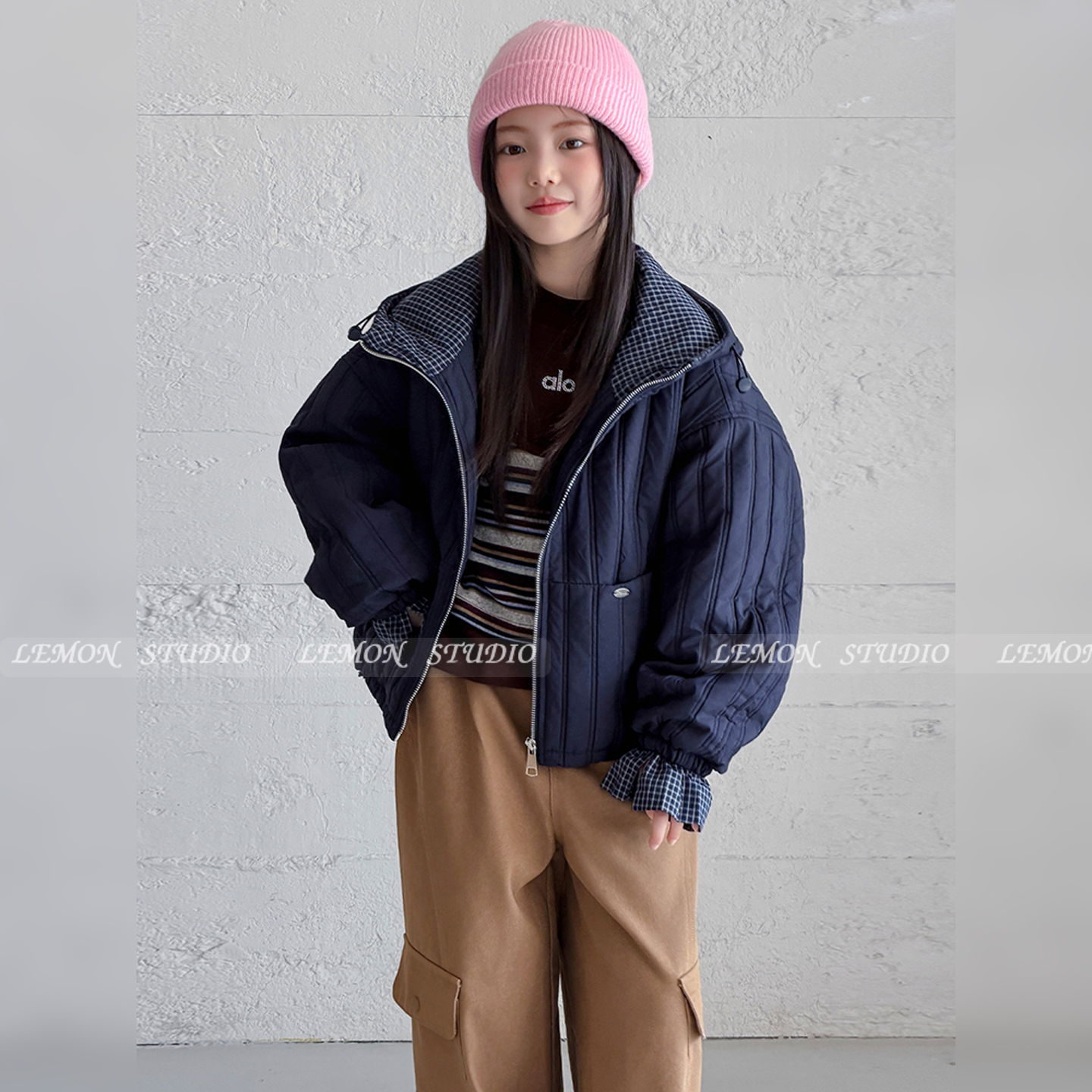 女童外套夹棉撞色连帽棉服上衣