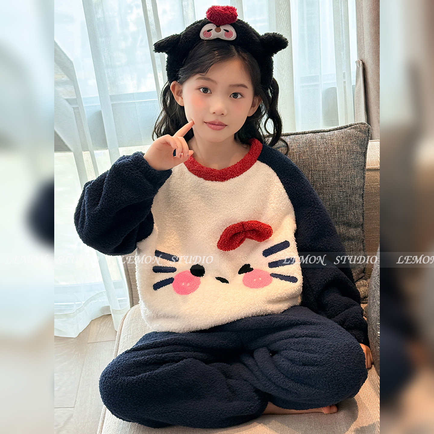 女童睡衣半边绒家居服珊瑚绒套装