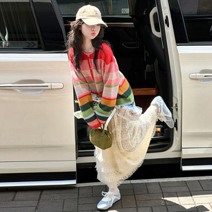 女孩条纹针织衫 女童毛衣秋冬装 多巴胺上衣冬季 儿童装 外套 2025新款