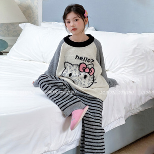 半边绒家居服 儿童冬装 女童睡衣加绒加厚2026冬新款 女孩珊瑚绒套装