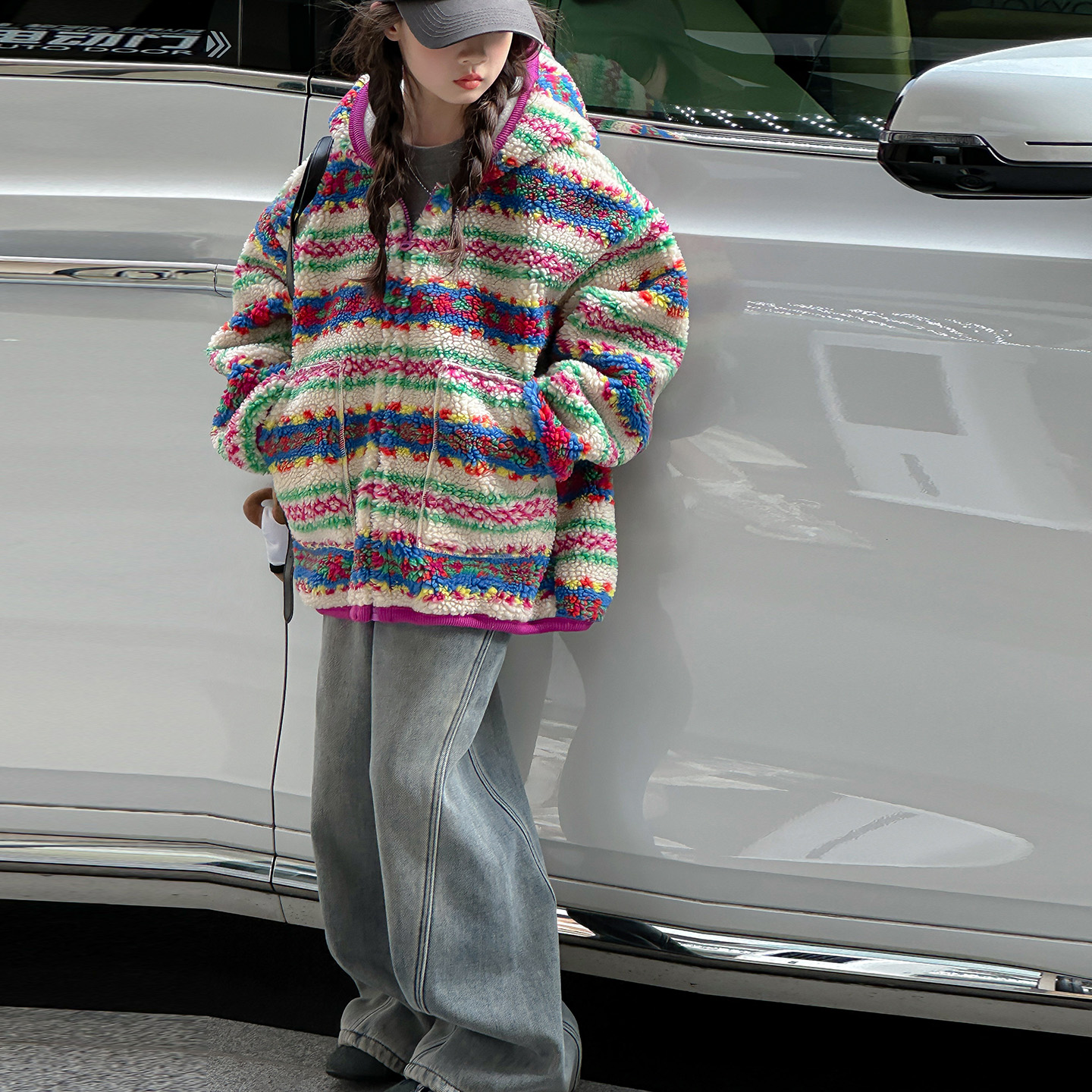 女童秋冬装毛毛衣2025新款中大童加厚连帽羊羔绒儿童冬装加绒外套