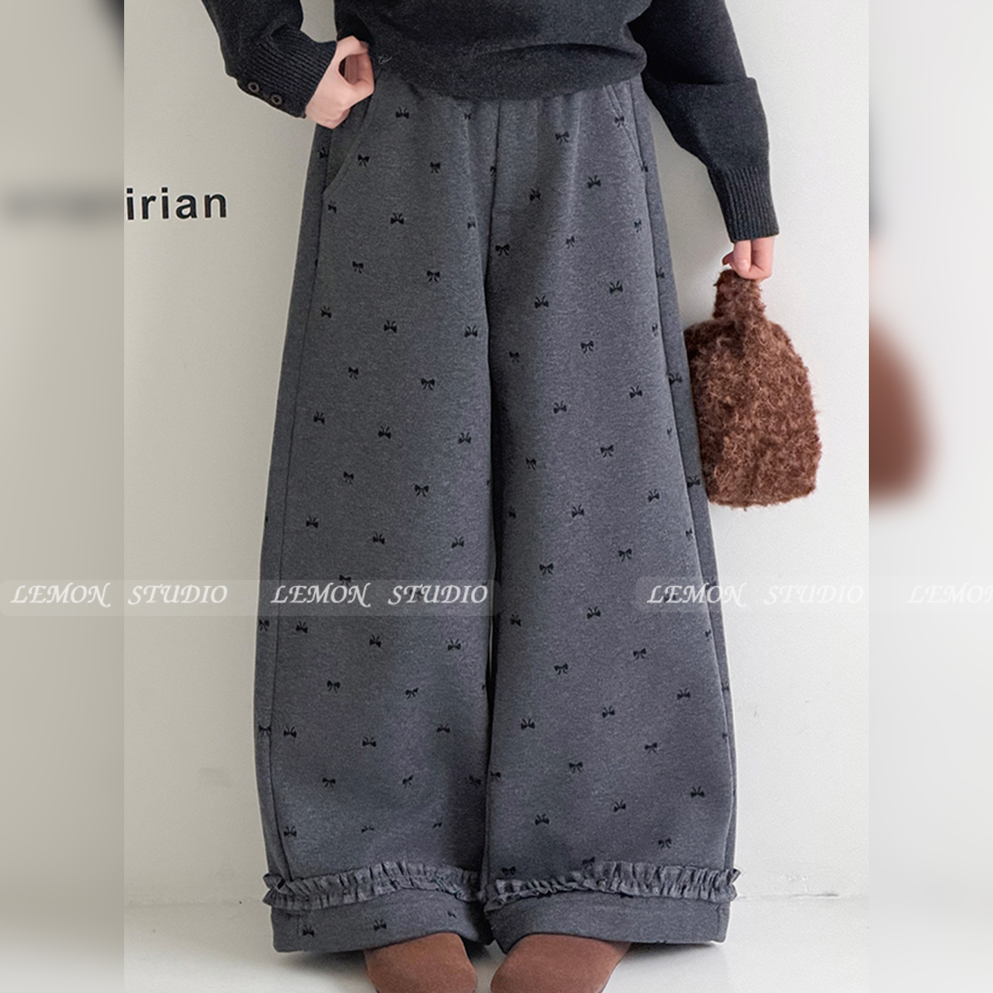 女童加绒裤子蝴蝶结花边阔腿长裤