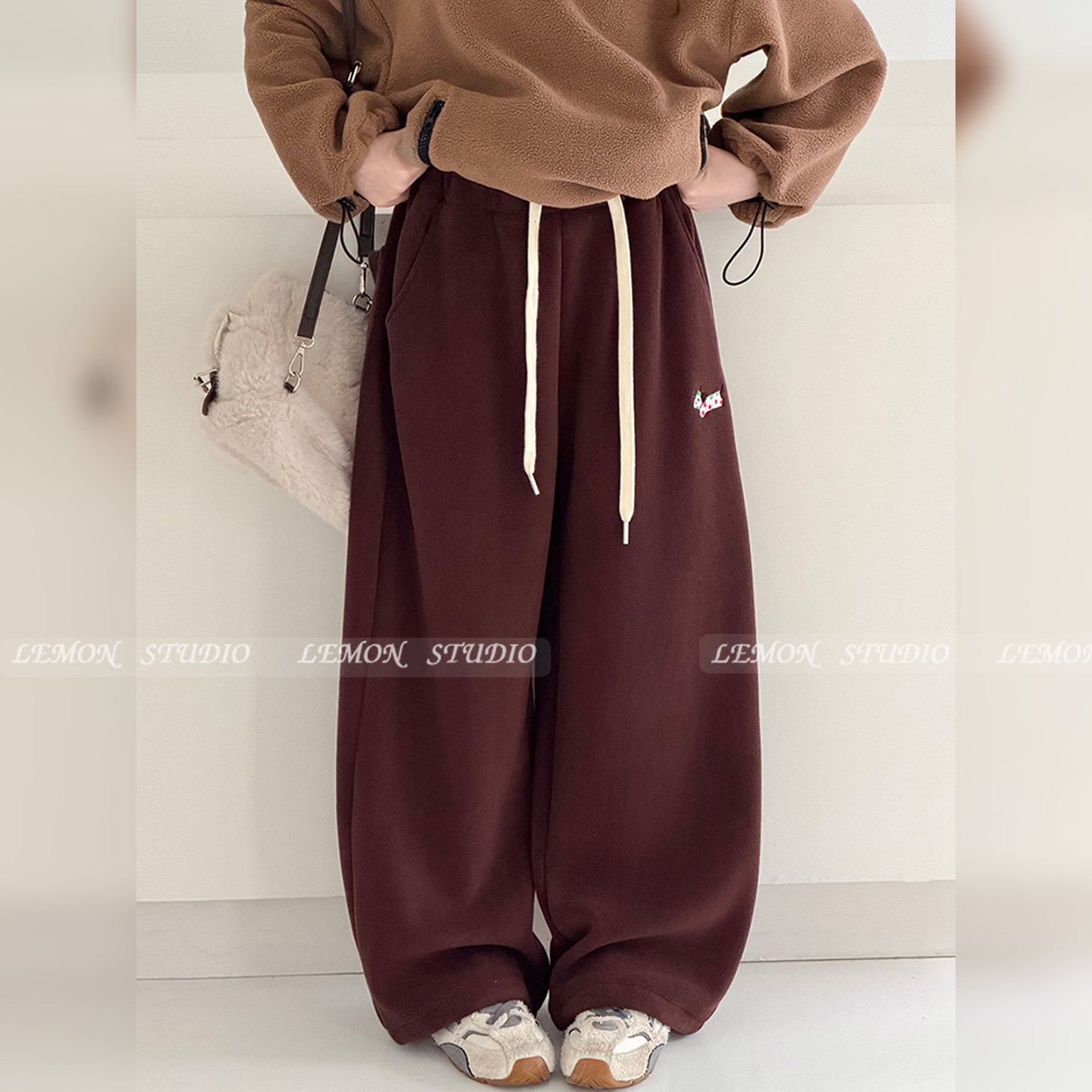 女童加绒裤子复古针织加绒弯刀裤