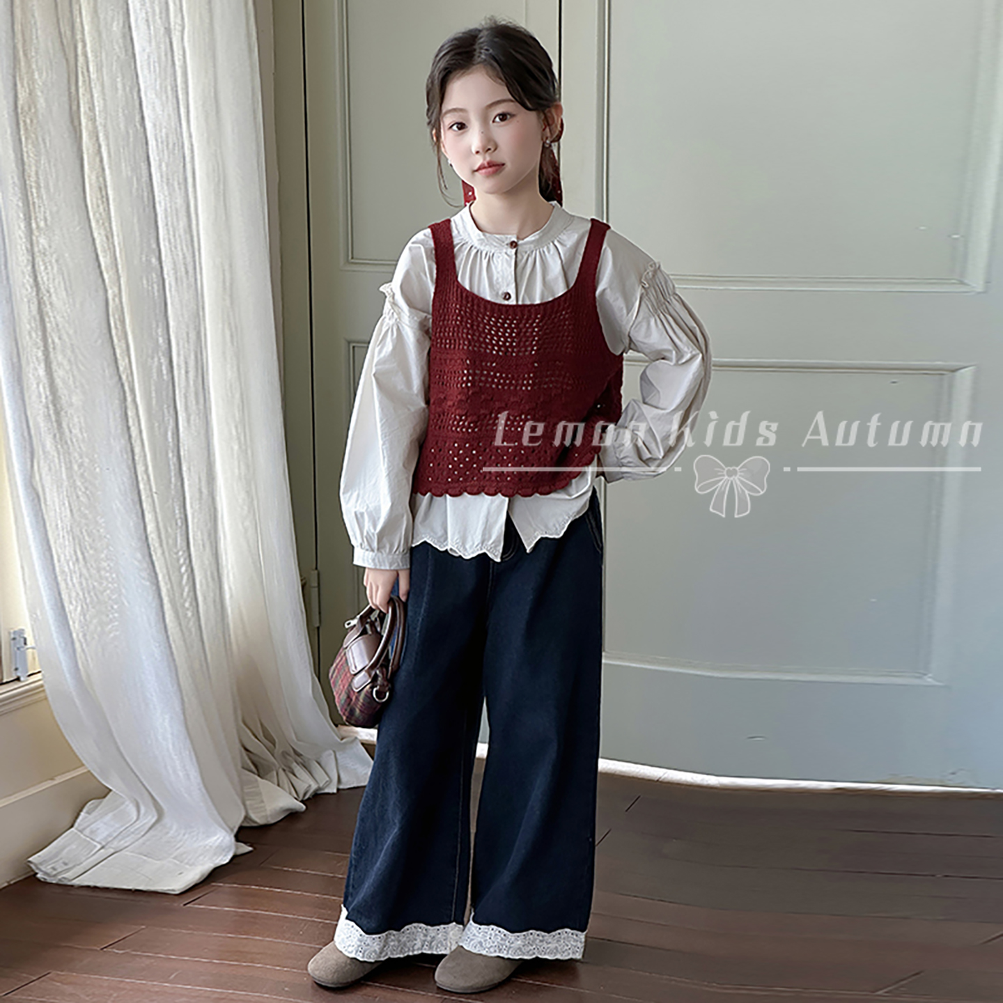 女童套装针织马甲叠穿上衣三件套