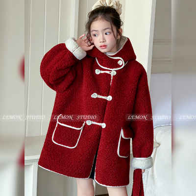 女童外套加绒红色羊羔绒呢大衣