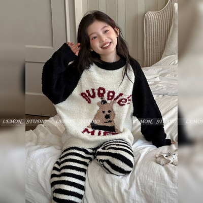 女童睡衣半边绒珊瑚绒家居服套装