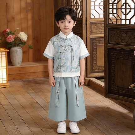 新中式汉服男童短袖套装2026新款夏季薄款儿童国学演出服宝宝古装