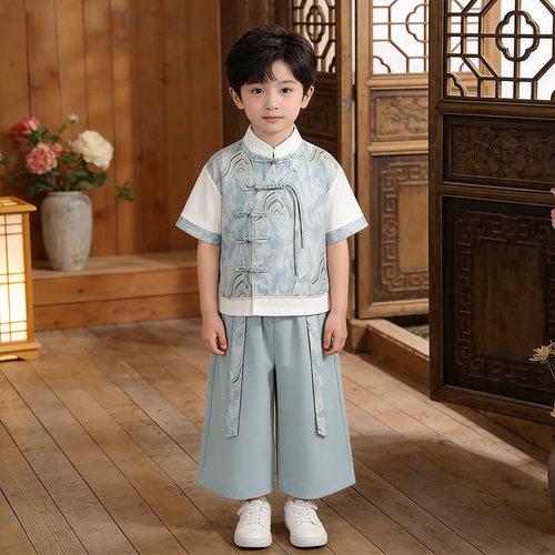 夏季薄款男童新中式短袖汉服套装