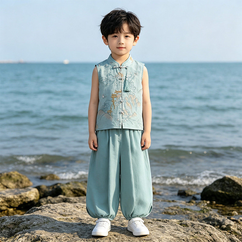 夏季薄款新中式男童汉服套装古风