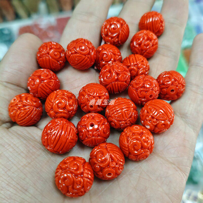 翡翠红翡16mm雕花大号龙珠圆珠散珠手链项链diy配件饰品串珠批发